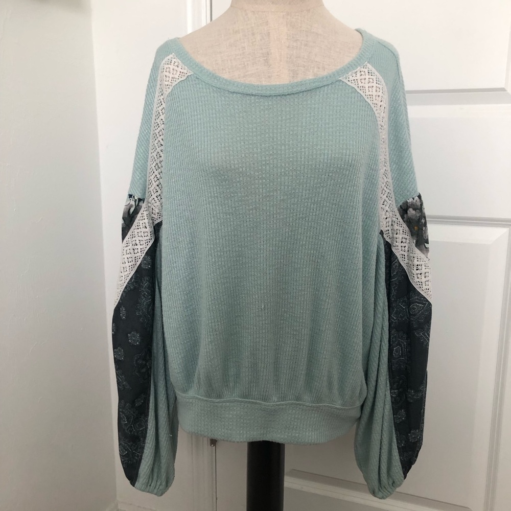 Free People Mint Green Waffle Knit Mixed Media Top with Lace Accents